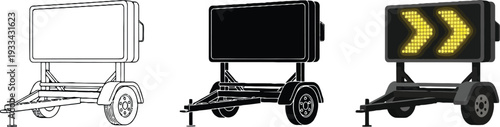 Portable variable message sign on a trailer featuring blank screen and glowing directional arrows a vector illustration for road safety and traffic management