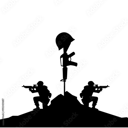 Silhouette of two soldiers kneeling in honor at a battlefield cross memorial.