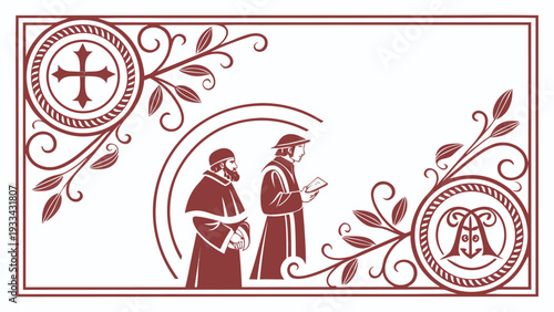 Red medieval manuscript of two monks with decorative border