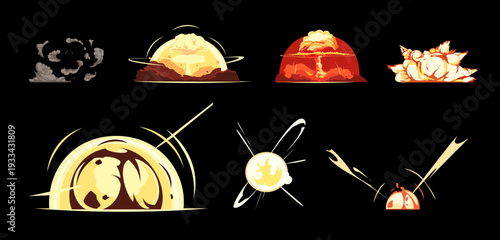 Dynamic cartoon explosions and energy burst effects set for animation and games.