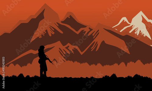 Silhouette of a lone warrior holding an axe against a vibrant sky.