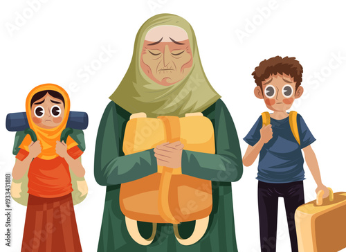 Sad refugee mother with two children carrying backpacks and suitcase, emotional illustration of displaced family seeking safety and humanitarian support