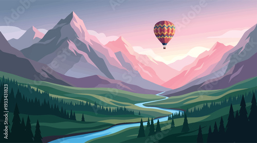 Hot air balloon soaring gracefully over a serene mountain valley at sunrise.
