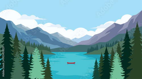 Red Canoe on a Serene Blue Lake Surrounded by Majestic Mountains.