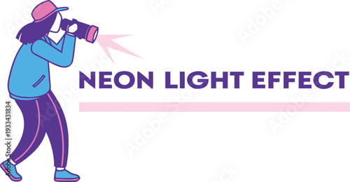 Woman holding camera with neon light effect pink