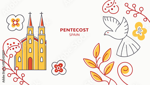 Yellow church with two steeples and a white dove surrounded by flowers and leaves on white