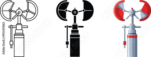 Collection of anemometer vector illustrations presented in outline solid glyph and colorful styles ideal for meteorology weather apps and scientific data visualization