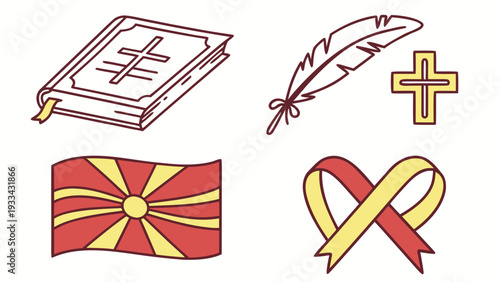 Set for saints cyril and methodius symbols book cross feather quill flag