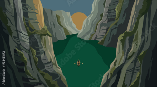 A lone boat navigates a serene narrow canyon lake at sunset.