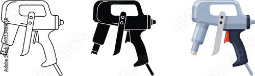 Set of spray foam gun illustrations featuring outline glyph and colored vector designs for construction and home improvement projects
