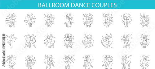 Ballroom Dance Couples Line Art Icon Set Featuring Waltz, Tango and Latin Dance Poses Elegant Partner Dancing Illustration Collection
