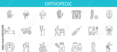 Medical and Healthcare Line Icons Set Featuring Orthopedic Pain, Rehabilitation Equipment, Hospital Symbols, Skeleton Anatomy, Disability Support and Treatment Concepts Vector Illustration