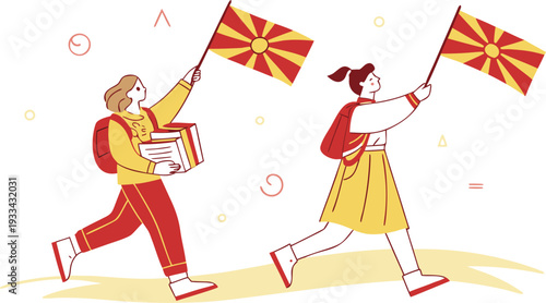 Two girls running with Macedonian flags and school supplies school girls books backpacks