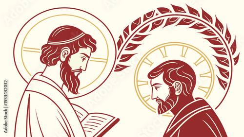 Two men in robes with halos and laurel wreath religious