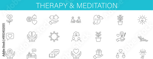Mental Health and Wellness Line Icon Set Featuring Therapy, Meditation, Self Care, Support, Mindfulness, Counseling and Emotional Wellbeing Symbols