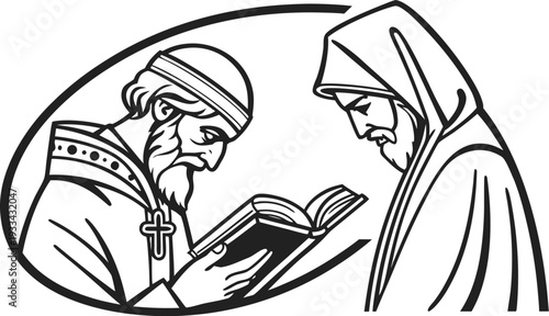 Two monks reading a book in black and white minimal line religious