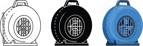 Set of portable industrial air blowers featuring outline silhouette and blue color variations ideal for HVAC construction and ventilation concepts