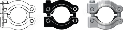 Versatile set of industrial clamps or couplings featuring outline solid and realistic vector illustrations suitable for engineering plumbing and construction design