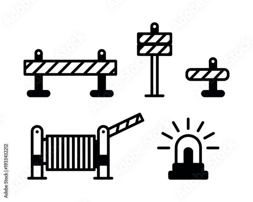 A set of black and white icons depicting various types of barriers and warning signs.