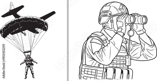 A vector illustration features a paratrooper descending from an aircraft on the left and a soldier wearing a tactical helmet using binoculars on the right, illustrating airborne and surveillance missi