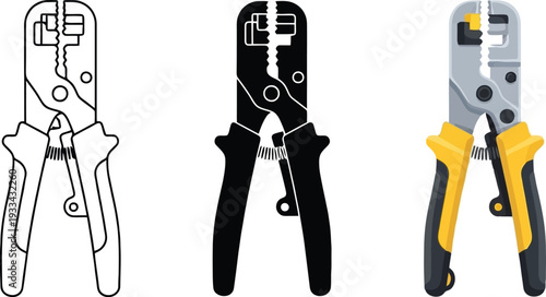 Collection of network crimping tool vector illustrations featuring outline silhouette and full-color designs perfect for IT infrastructure data cabling and telecommunication projects