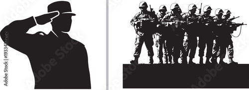 This comprehensive collection of vector illustrations features various military themes, including missile systems, tactical gear, weaponry, combat scenarios, and soldiers in high-contrast line art.