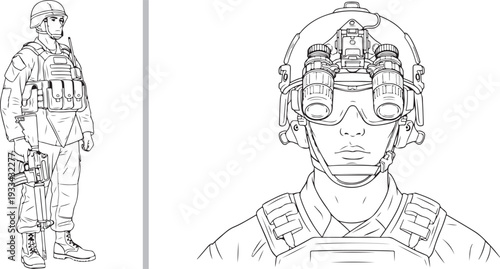 A vector illustration featuring a full-body standing soldier on the left and a close-up portrait of a soldier equipped with advanced night-vision goggles on the right.