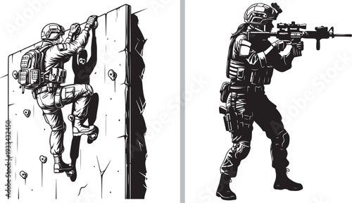 A vector illustration depicting a soldier climbing a training wall on the left and another soldier in a tactical stance aiming a rifle on the right, representing military training and combat readiness