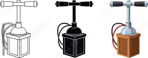 Set of detonator plunger illustrations featuring outline silhouette and colored styles ideal for demolition mining or historical projects