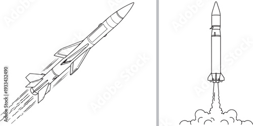This collection of vector illustrations depicts various military missile systems, ranging from individual tactical missiles and portable tripod launchers to truck-mounted multiple-launch rocket system