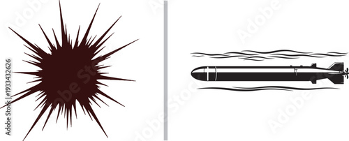 A minimalist vector illustration featuring an explosion on the left and a submerged torpedo on the right, representing naval combat, underwater warfare, and explosive impact.