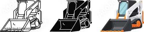 Set of skid steer loader illustrations featuring outline silhouette and flat color designs perfect for construction and industrial projects