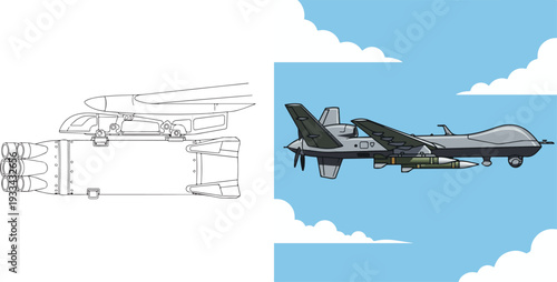 A technical wireframe outline of a drone or aircraft sits beside a rendered image of a military unmanned aerial vehicle in flight, illustrating modern drone technology and aeronautical design.