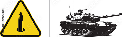 A yellow triangular warning sign depicting a rocket next to a detailed illustration of a main battle tank, emphasizing military firepower, ordnance, and heavy combat vehicle awareness.