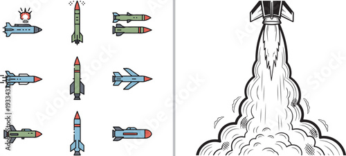 This composite vector image features various tactical missiles arranged on the left alongside a large, detailed illustration of a rocket launching with a billowing smoke plume on the right.