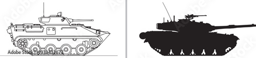 A vector illustration showing a line-art armored combat vehicle paired with a black silhouette of a main battle tank, highlighting contrasting styles for military ground hardware.
