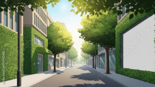 Sustainable City Street with Green Buildings