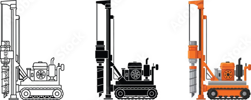 Collection of ground drilling rig illustrations featuring outline silhouette and flat color vector styles ideal for construction mining and engineering designs