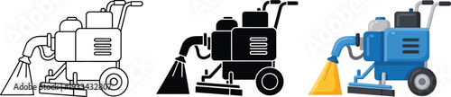 Set of industrial floor cleaning machine vector illustrations featuring outline glyph and full-color styles perfect for cleaning service advertisements or maintenance infographics