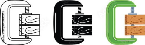 Collection of C-clamp icons pressing wood presented in outline solid and colorful flat vector styles perfect for industrial tools and DIY concepts