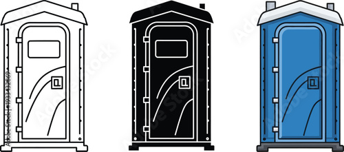 Set of portable toilet icons featuring outline glyph and colored vector illustrations ideal for public sanitation and event planning designs