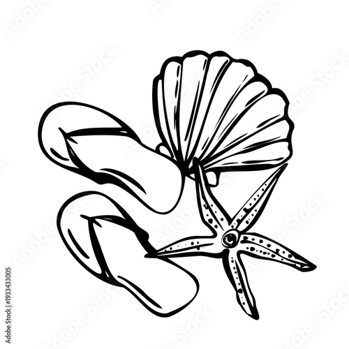 Black and white line art illustration of seashell, starfish and flip flops. Minimal outline drawing in flat vector style, isolated composition for summer beach design, print, poster.