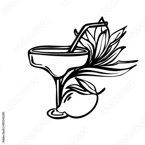 Tropical cocktail vector illustration with margarita glass, citrus slice and palm leaves in bold black line art. Perfect for bar menus, summer posters, resort branding and beach party design projects