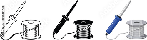 Set of soldering iron and solder wire icons presented in outline glyph and color styles ideal for electronics repair and DIY projects