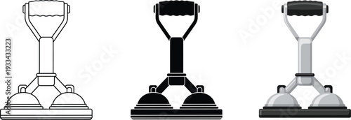 Versatile double suction cup lifter tool vector illustration set including outline silhouette and detailed versions for glass handling and heavy object moving