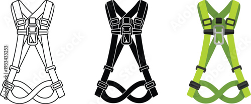 Set of full body safety harness vector illustrations in outline solid black and green designs ideal for industrial safety construction and fall protection