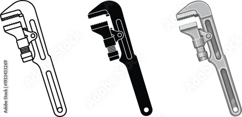 Set of pipe wrench illustrations in outline silhouette and detailed styles ideal for plumbing construction or DIY projects