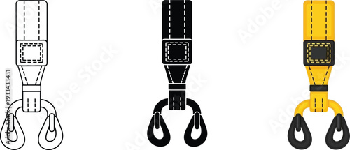 Vector illustration of a safety lanyard component presented in outline solid black and yellow color variations ideal for industrial safety and personal protective equipment design