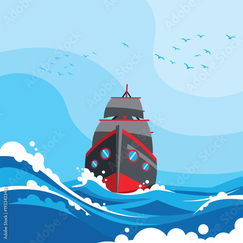 Stylized Ship Sailing Rough Ocean Waves Under Clear Sky with Flying Birds Vector Art