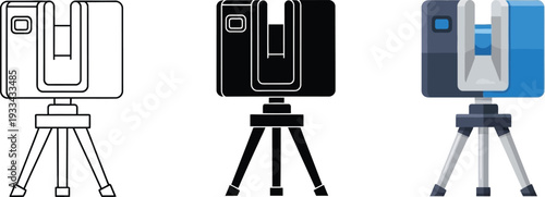 Three distinct vector illustrations of a 3D laser scanner on a tripod featuring outline solid and colored styles ideal for geospatial technology and surveying applications